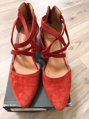 Eileen Fisher Cayenne Suede Pointed-Strap Heels - Size 8.5 Zip Back Strappy